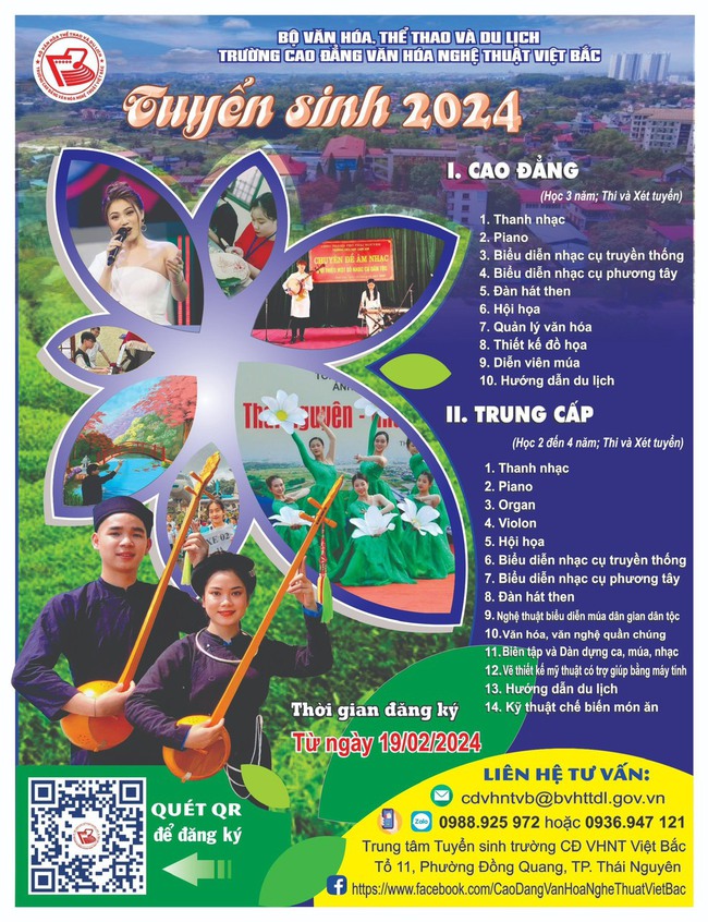 Trường Cao đẳng Văn hóa nghệ thuật Việt Bắc thông báo tuyển sinh cao đẳng, trung cấp hệ chính quy năm 2024 - Ảnh 1.