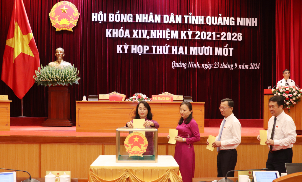 ប្រតិភូបានបោះឆ្នោតជ្រើសរើសសមាជិកបន្ថែមនៃគណៈកម្មាធិការប្រជាជនខេត្តសម្រាប់អាណត្តិឆ្នាំ 2021-2026 សម្រាប់លោក Tran Van Phuc ប្រធាននាយកដ្ឋាននគរបាលខេត្ត។