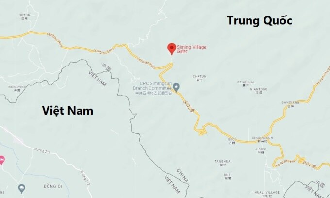 Vị trí xảy ra tai nạn (dấu đỏ) gần biên giới Việt Nam - Trung Quốc. Ảnh: Google Map