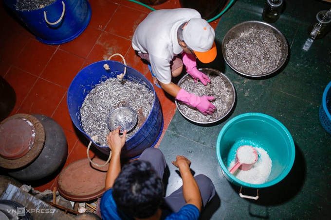 Ngư dân Huỳnh Văn Mười trộn muối làm mắm cá cơm trong đêm, ngay khi mẻ cá tươi về bờ. Ảnh: Nguyễn Đông