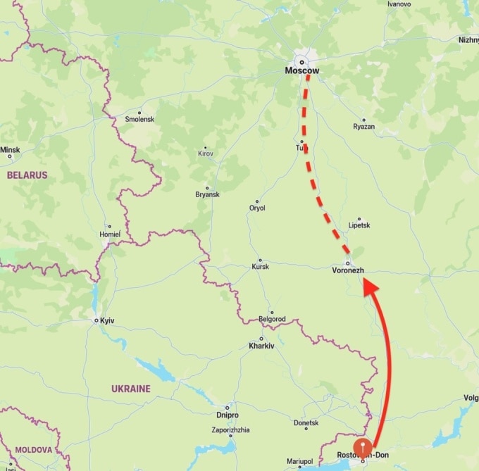 Vị trí các thành phố Rostov-on-Don, Voronezh và thủ đô Moskva của Nga. Đồ họa: Google Maps