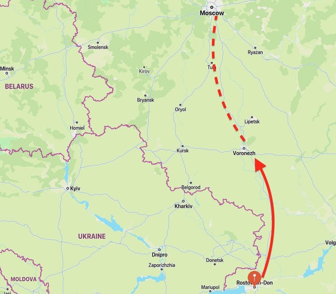 Vị trí các thành phố Rostov-on-Don, Voronezh và Moskva tại Nga. Đồ họa: Google Maps