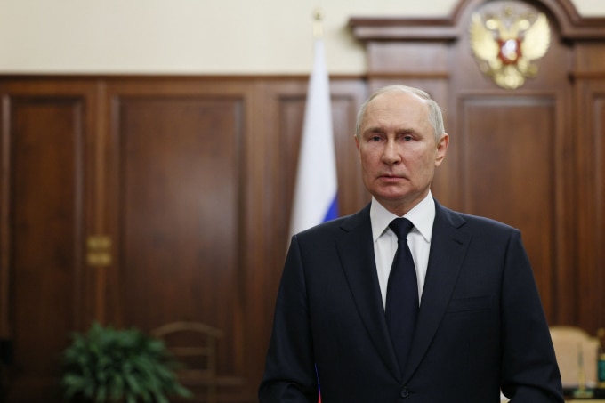 Tổng thống Nga Vladimir Putin phát biểu từ Điện Kremlin, thủ đô Moskva, đêm 26/6 về vụ nổi loạn của Wagner. Ảnh: AFP