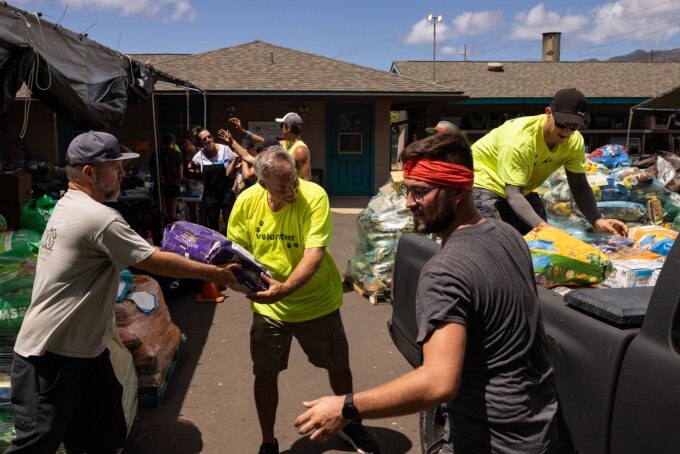 Tình nguyện viên trao tặng thức ăn cho thú cưng tại Trung tâm nhân đạo Maui ở Puunene, miền trung Maui, Hawaii, ngày 15/8. Ảnh: AFP