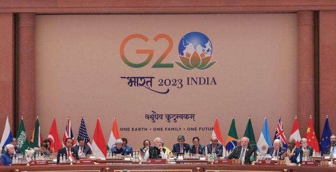 Các lãnh đạo G20 trong phiên họp ngày 10/9 tại New Delhi. Ảnh: AFP