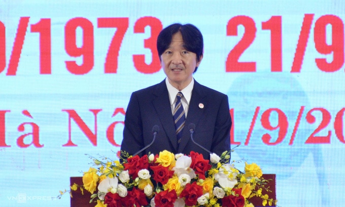 Hoàng Thái tử Akishino phát biểu tại Lễ kỷ niệm 50 năm thiết lập quan hệ ngoại giao Việt Nam - Nhật Bản diễn ra tại Hà Nội hôm 21/9. Ảnh: Vũ Anh