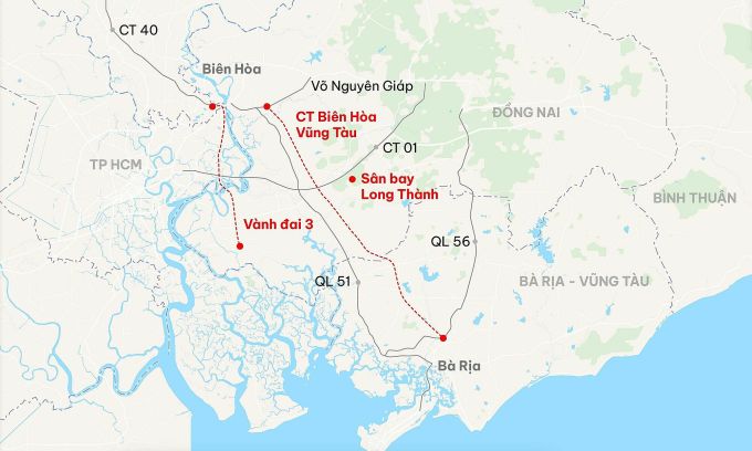 Hướng tuyến cao tốc Biên Hoà - Vũng Tàu và Vành đai 3 TP HCM đi qua Đồng Nai. Đồ hoạ: Đăng Hiếu