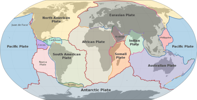 Bản đồ các mảng kiến tạo chính trên Trái Đất. Trận động đất Morocco xảy ra gần điểm giao của mảng châu Phi (African Plate) và mảng Á - Âu (Eurasian Plate). Ảnh: Wikimedia Commons