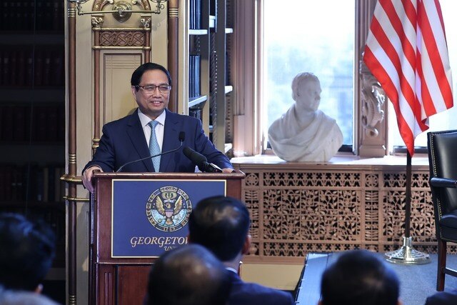 Thủ tướng Phạm Minh Chính tại Đại học Georgetown. Ảnh: TTXVN