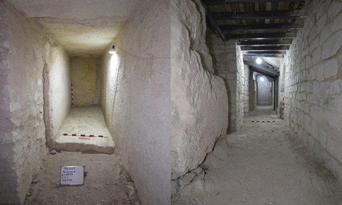 Một trong những phòng chứa ở lối đi được tìm thấy trong kim tự tháp Sahure. Ảnh: Mohamed Khaled