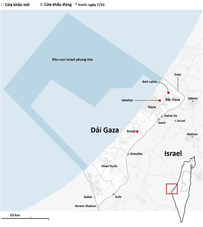 Các đô thị và cửa khẩu chính tại Dải Gaza. Đồ họa: Guardian