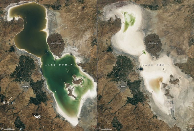 Hồ Urmia trong ảnh vệ tinh tháng 9/2020 (trái) và tháng 9/2023 (phải). Ảnh: NASA