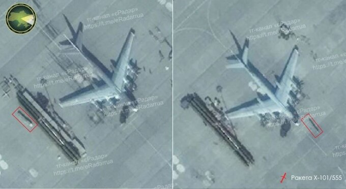 Tên lửa Kh-101/555 (khoanh đỏ) bên cạnh máy bay Tu-95MS trong ảnh vệ tinh hôm 13/11. Ảnh: eRADAR