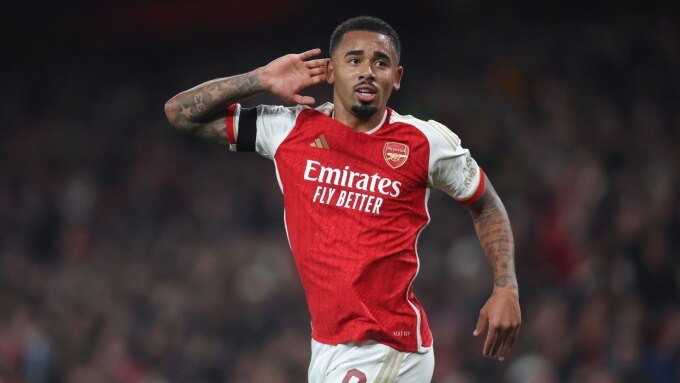 Jesus mừng bàn trong trận Arsenal thắng Lens 6-0 ở lượt thứ năm vòng bảng Champions League tối 29/11, trên sân Emirates. Ảnh: Reuters