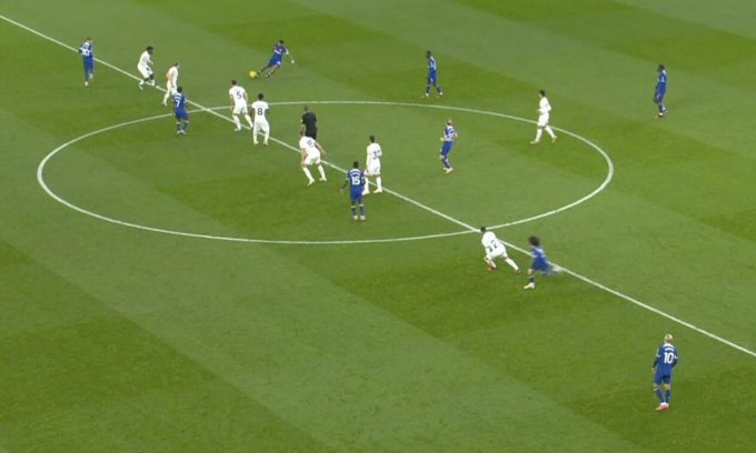 Cả tám cầu thủ Tottenham (áo trắng) còn lại trên sân, không tính thủ môn, đều đứng quanh vòng tròn hoặc vạch ngang giữa sân, khi Chelsea đang có bóng. Ảnh: chụp màn hình