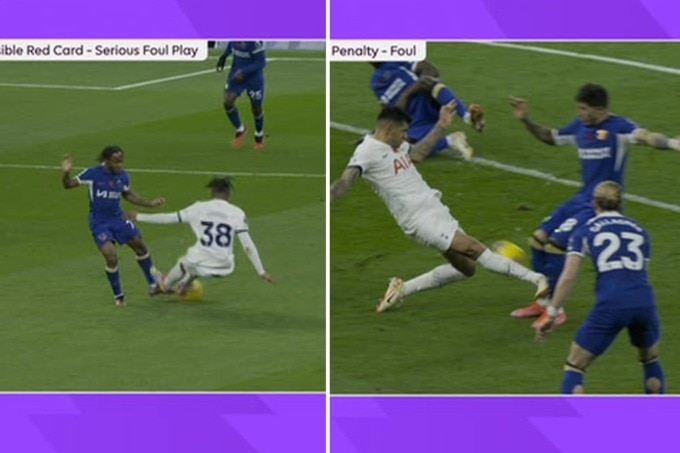 Bên phải là tình huống Romero phạm lỗi ác ý với Fernandez trong cấm địa ở phút 30. Bên trái là pha vào bóng bằng hai gầm giày của Udogie với Sterling ở phút 19. Ảnh chụp màn hình