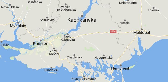 Vị trí thị trấn Kachkarivka, phía bắc thành phố Kherson, nằm ở bờ tây sông Dnieper và gần tỉnh Zaporizhzhia. Đồ họa: MapBox