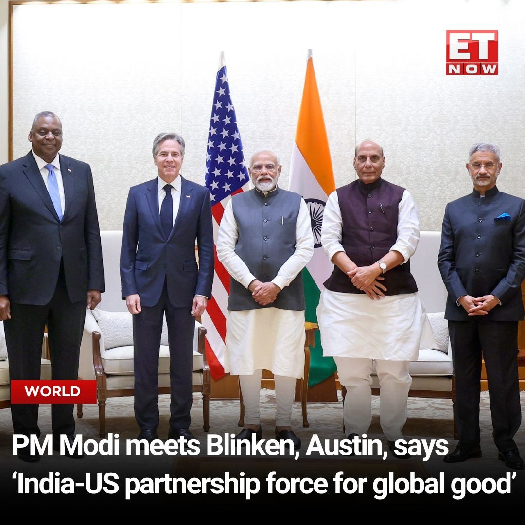 Thủ tướng Ấn Độ Narendra Modi tiếp Ngoại trưởng Mỹ Antony Blinken và Bộ trưởng Quốc phòng Mỹ Lloyd Austin ngày 11/11 tại thủ đô New Delhi. (Nguồn: X)
