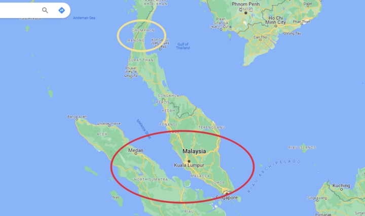 Eo biển Malacca (hình elip đỏ) và khu vực dự kiến của dự án Landbridge (hình elip vàng), bên trái là Ấn Độ Dương, bên phải là biển Đông. (Ảnh: AM/Google Map)
