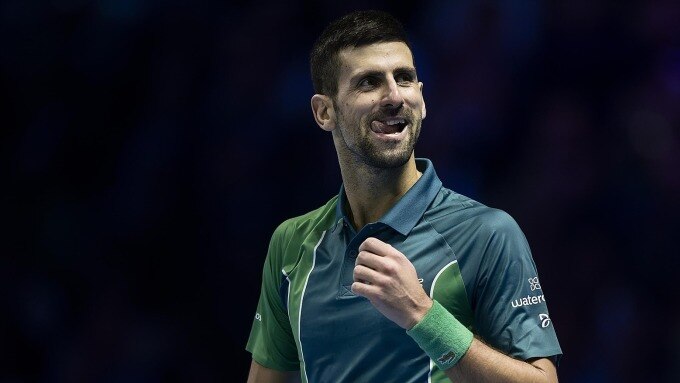 Djokovic mừng một điểm số tại ATP Finals ở Turin, Italy tháng trước. Ảnh: AFP