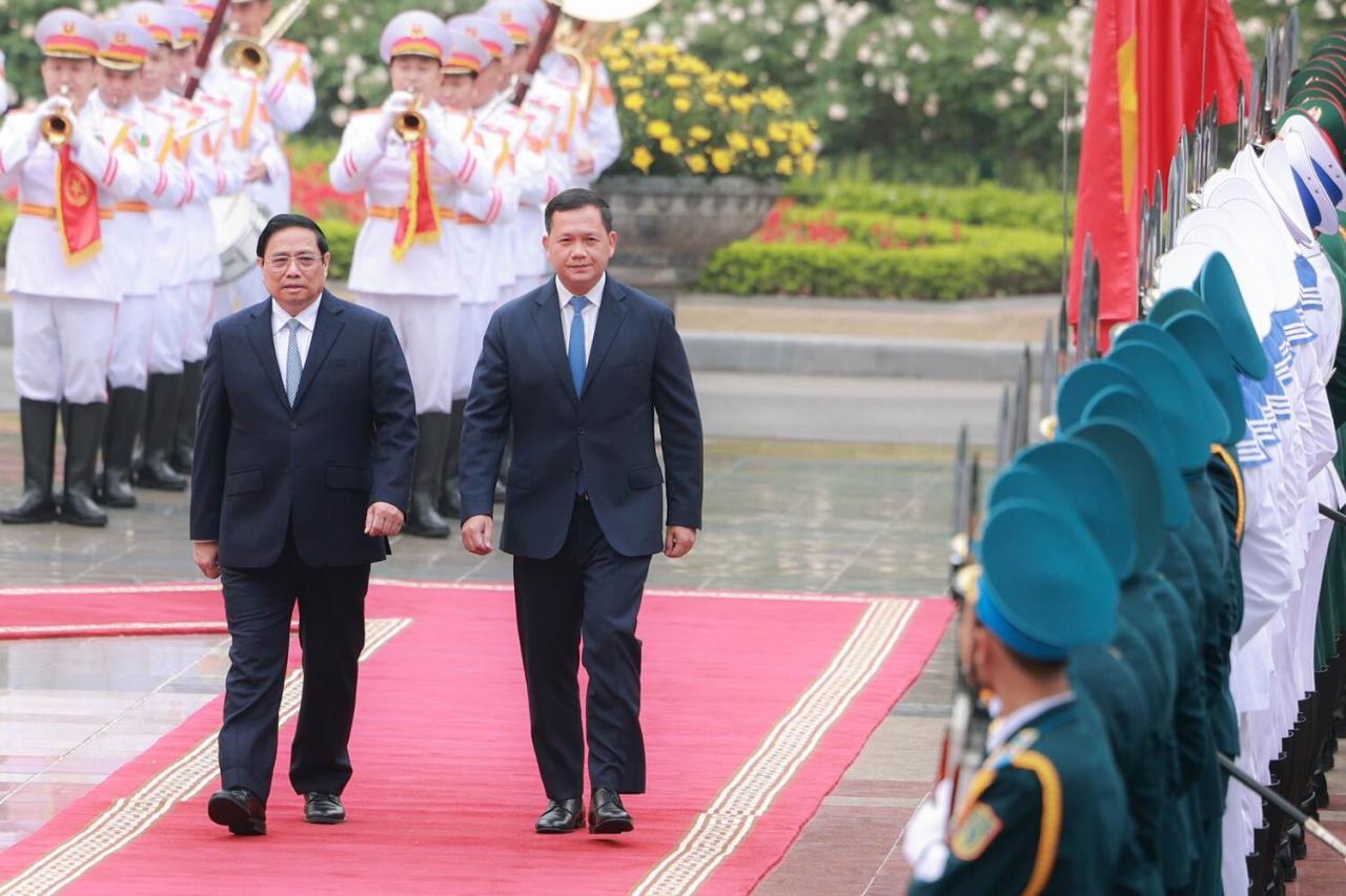 Thủ tướng Chính phủ Phạm Minh Chính chủ trì lễ đón Thủ tướng Campuchia Hun Manet. Ảnh: Hải Nguyễn 