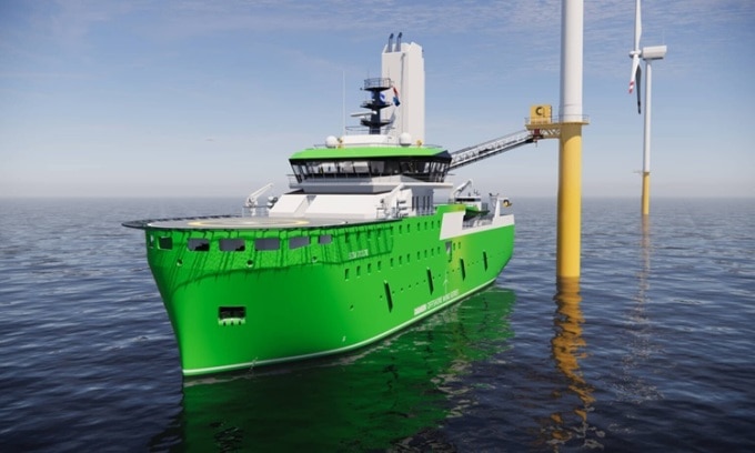 Tàu SOV 7017 E có thể sạc điện trực tiếp từ turbine gió. Ảnh: Damen Shipyards Group