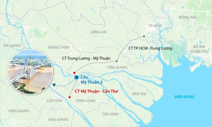 Hướng tuyến cầu Mỹ Thuận và cao tốc Mỹ Thuận - Cần Thơ. Đồ hoạ: Đăng Hiếu