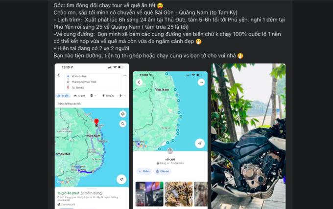 Lời kêu gọi lập nhóm chạy xe về quê ăn Tết rôm rả trên các hội nhóm phượt dịp cận Tết. Ảnh chụp màn hình