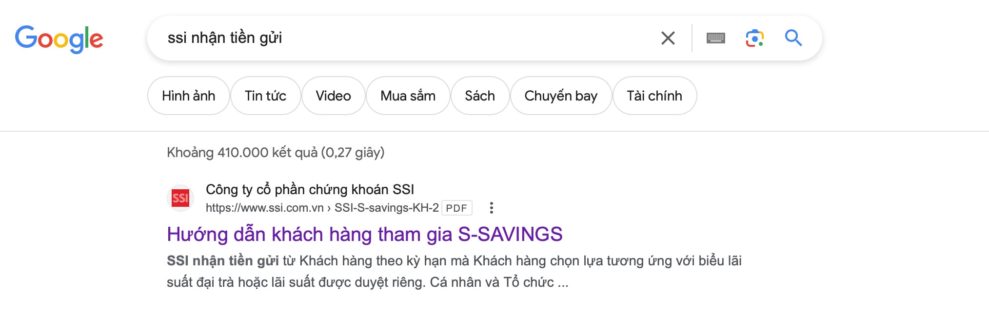 Sản phẩm tiền gửi S-Savings của SSI hiện ngay vị trí top 1 khi tìm kiếm trên google. Ảnh chụp màn hình.