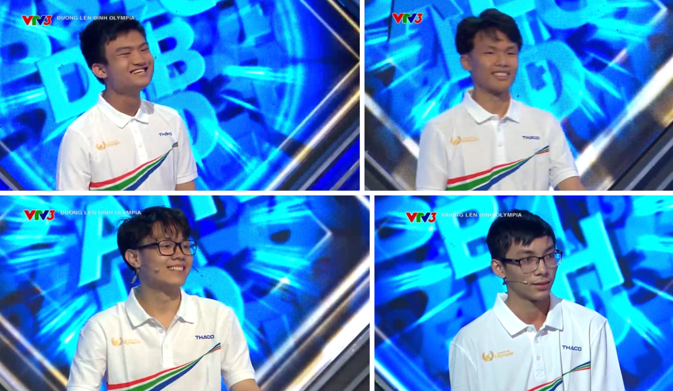 4 thí sinh lần lượt gồm: Hữu Khang, Nhật Quang, Minh Khôi, Quốc Quý ( thứ tự từ trái qua phải).