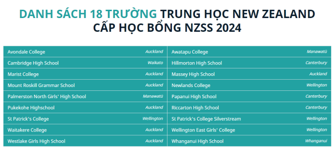 Danh sách 18 trường trung học New Zealand cấp học bổng. Ảnh chụp màn hình