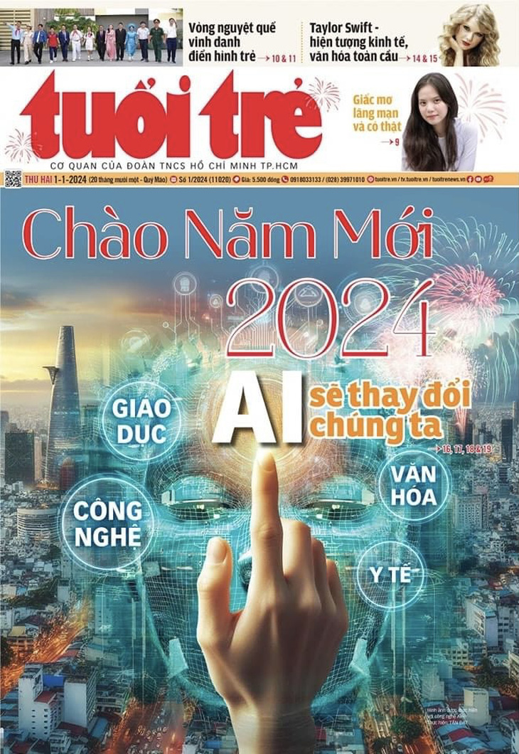 2024: Năm quyết định thời cơ- Ảnh 7. Trang 1 nhật báo Tuổi Trẻ số đặc biệt mừng năm mới 2024 với chủ đề "Năm 2024: AI sẽ thay đổi chúng ta", với những đánh giá và dự báo về sự đột phá, bùng nổ của trí tuệ nhân tạo (AI) sẽ ảnh hưởng lởn đến đời sống mỗi người trên thế giới trong năm mới