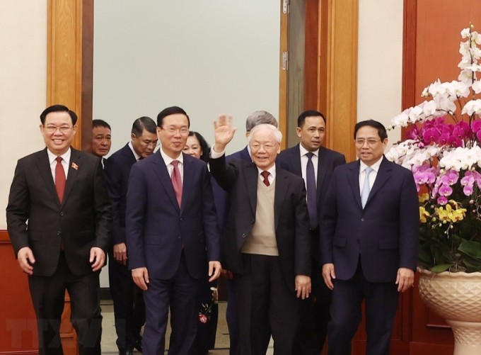 Tổng bí thư nguyễn Phú Trọng cùng lãnh đạo Đảng, Nhà nước dự cuộc gặp mặt nhân dịp Tết Nguyên đán Giáp Thìn 2024, sáng 7/2. Ảnh: TTXVN