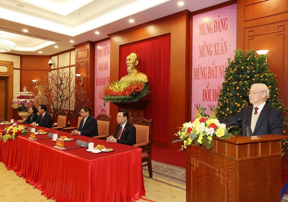 Tổng Bí thư Nguyễn Phú Trọng chúc Tết Nguyên đán Giáp Thìn 2024. (Ảnh: Trí Dũng/TTXVN) ttxvn_tong bi thu chuc tet 3.jpg