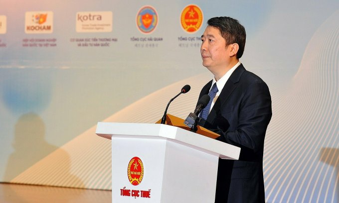 Thứ trưởng Cao Anh Tuấn chia sẻ tại hội nghị đối thoại với doanh nghiệp Hàn Quốc ngày 29/2. Ảnh: Tổng cục Thuế.
