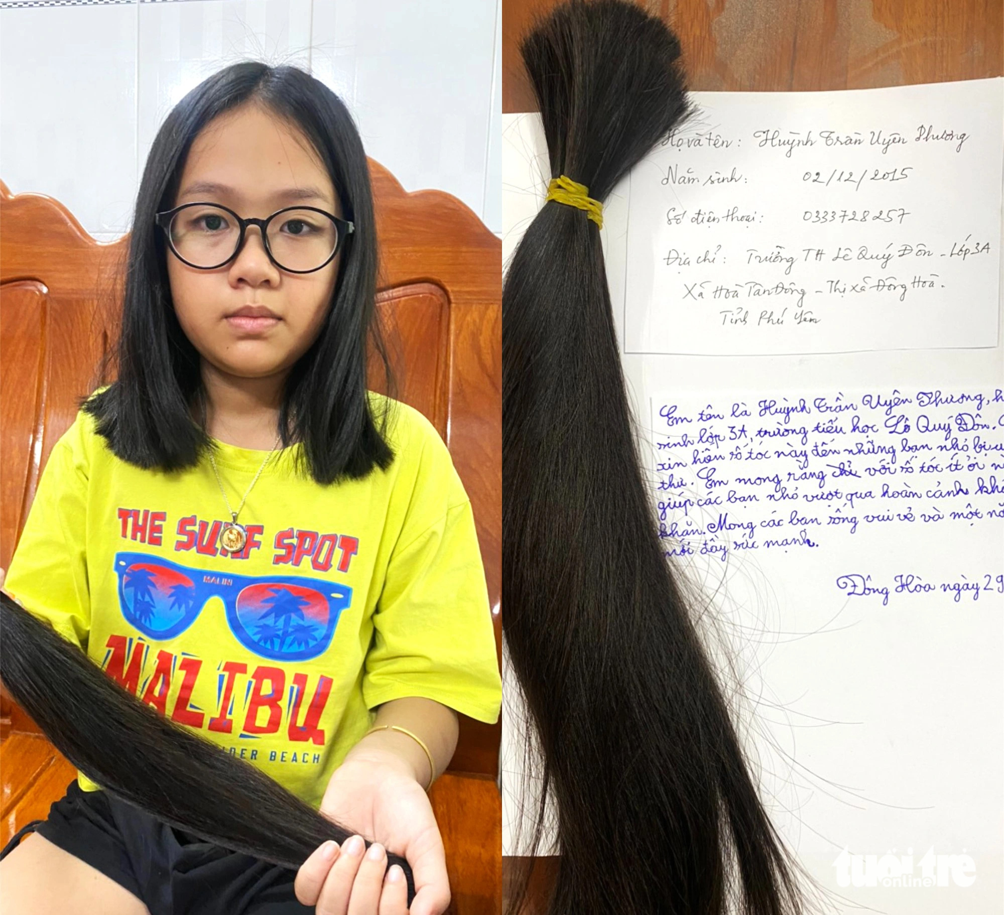 Cô học trò đó là Huỳnh Trần Uyên Phương (học sinh lớp 3A, trường tiểu học Lê Quý Đôn, xã Hòa Tân Đông, thị xã Đông Hòa, tỉnh Phú Yên) với phần tóc vừa cắt để hiến tặng cho những bệnh nhân ung thư - Ảnh: Nhân vật cung cấp Em Huỳnh Trần Uyên Phương (học sinh lớp 3A Trường tiểu học Lê Quý Đôn, xã Hòa Tân Đông, thị xã Đông Hòa, tỉnh Phú Yên) với phần tóc vừa cắt để hiến tặng cho những bệnh nhân ung thư - Ảnh: Nhân vật cung cấp