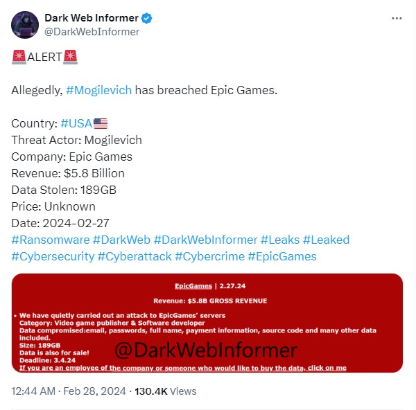 Tin tặc tuyên bố đã đánh cắp gần 200GB dữ liệu nội bộ từ Epic Games- Ảnh 1. Tin tặc tuyên bố đã đánh cắp gần 200GB dữ liệu nội bộ từ Epic Games- Ảnh 1.