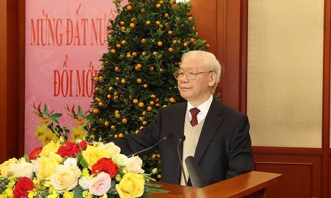 Tổng Bí thư Nguyễn Phú Trọng chúc Tết Nguyên đán Giáp Thìn 2024, sáng 7/2. Ảnh: TTXVN