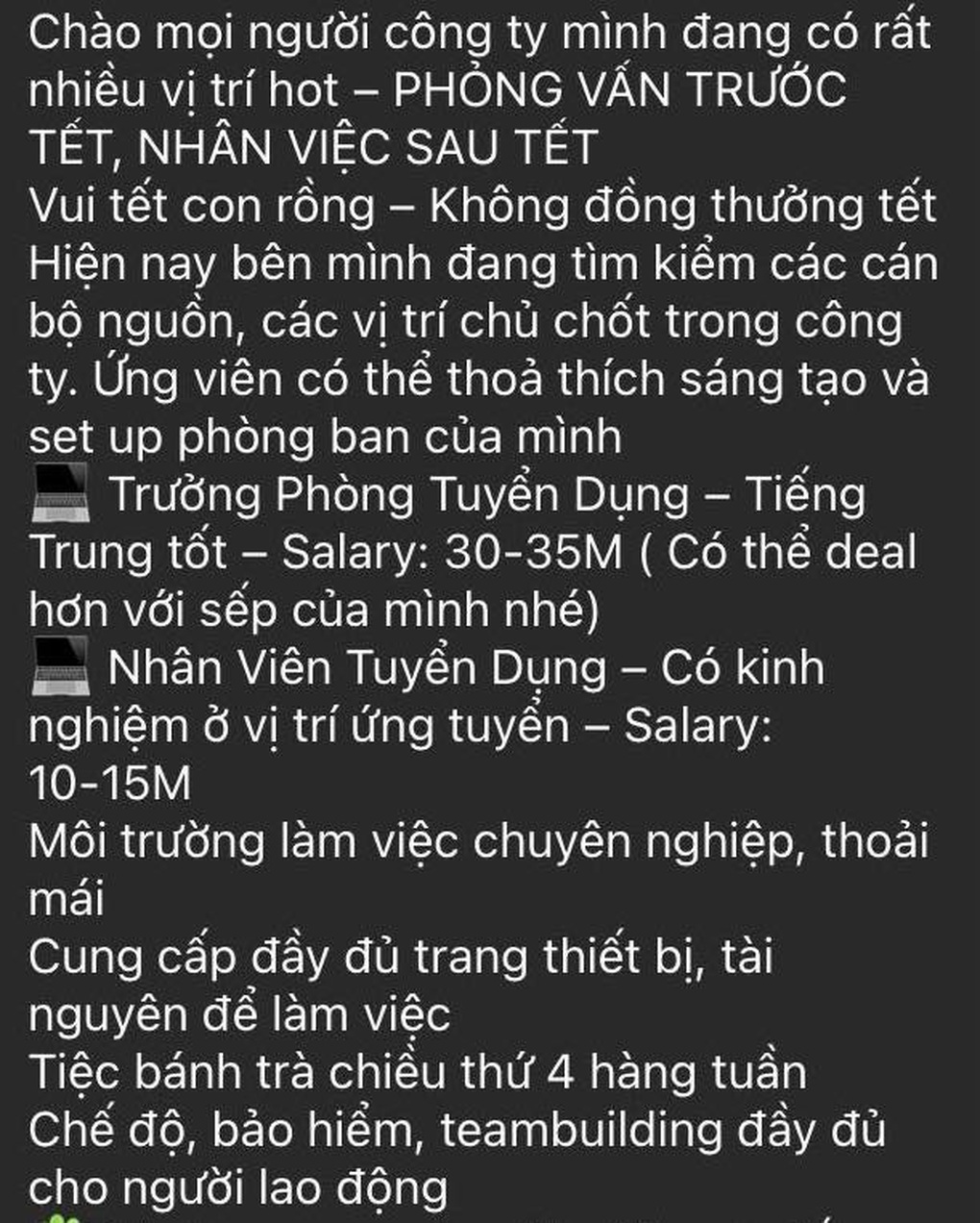 Vui Tết con rồng, không đồng thưởng Tết ở tin tuyển dụng gây tranh cãi - 1 Vui Tết con rồng, không đồng thưởng Tết ở tin tuyển dụng gây tranh cãi - 1