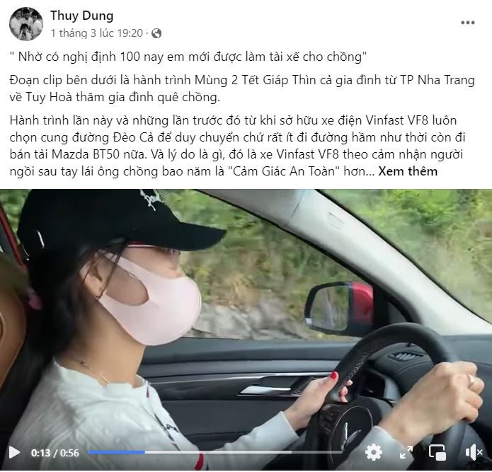 Chị Thùy Dung thuật lại câu chuyện thành công chinh phục cung đường Đèo Cả cùng VF 8. (Nguồn: Facebook Thuy Dung). Chị Thùy Dung thuật lại câu chuyện thành công chinh phục cung đường Đèo Cả cùng VF 8. (Nguồn: Facebook Thuy Dung).