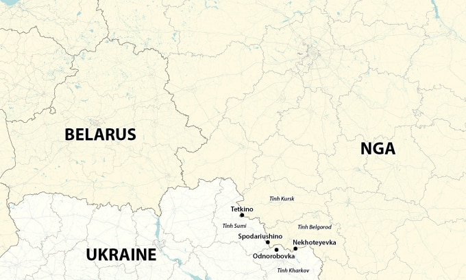 Vị trí làng Tetkino, Spodariushino, Nekhoteyevka và Odnorobovka. Đồ họa: RYV