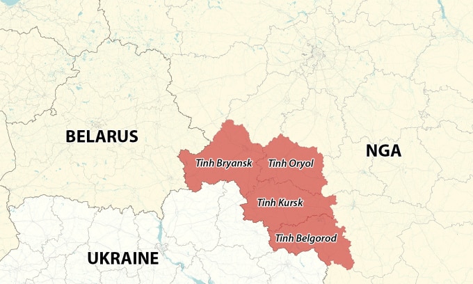 Vị trí các tỉnh Belgorod và Kursk của Nga. Đồ họa: RYV