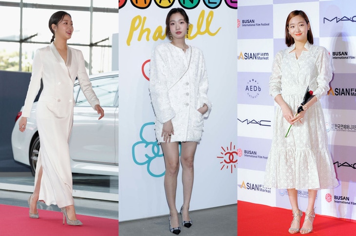 Trong trang phục màu trắng, Kim Go Eun biết cách để trông mình không nhàm chán. Cô nhấn nhá trang phục với các phụ kiện như giày cao gót, bông tai và túi xách của các thương hiệu lớn như Chanel, Jimmy Choo - Ảnh: Getty