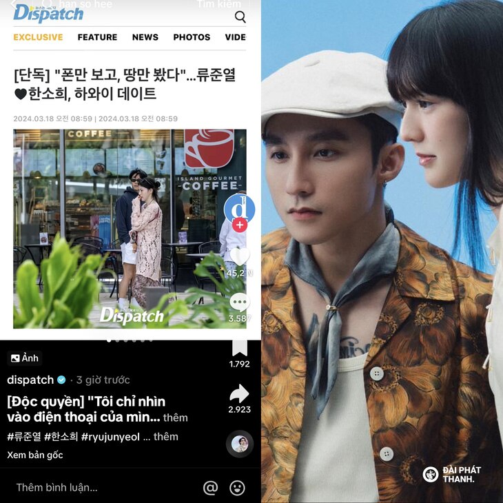 Kênh Dispatch đăng tải hình ảnh Ryu Jun Yeol hẹn hò Han So Hee ở Hawaii và đính kèm nhạc Sơn Tùng M-TP, gây sự thích thú cho người xem - Ảnh: Đài phát thanh