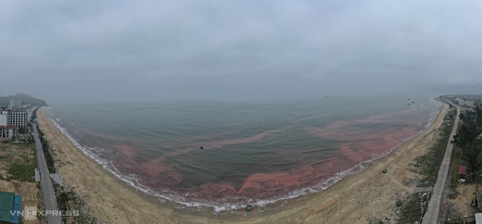 Nước đổi màu đỏ tại eo biển dài hơn 3 km ở thị trấn Thiên Cầm và xã Cẩm Nhượng. Ảnh: Đức Hùng