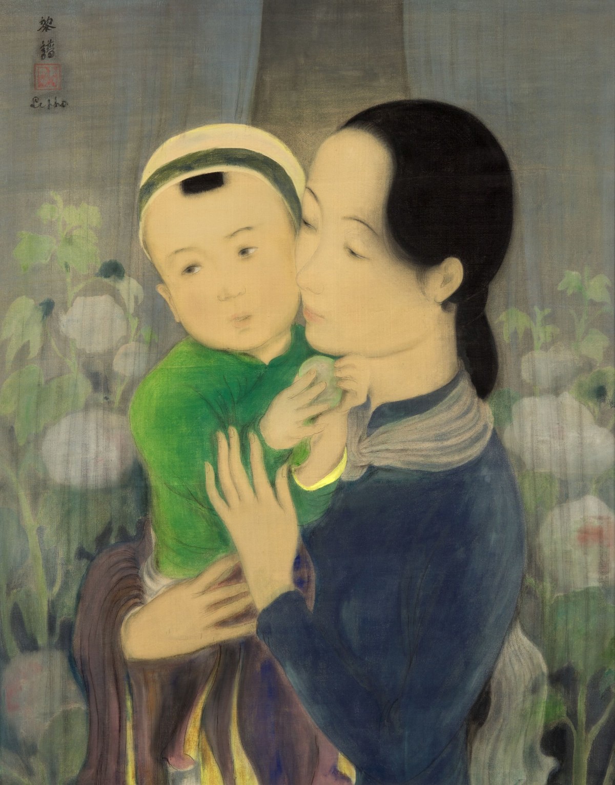 Tranh Mẹ và con trước nền hoa của Lê Phổ