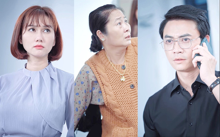 Bên hiếu bên tình và phim bên khán giả- Ảnh 1. Diễn viên Hương Giang vào vai cô vợ Xuân, NSƯT Thùy Liên vai mẹ chồng đanh đá và Tiến Lộc vai người chồng tên Lộc trong Bên hiếu bên tình - Ảnh: cắt từ màn hình