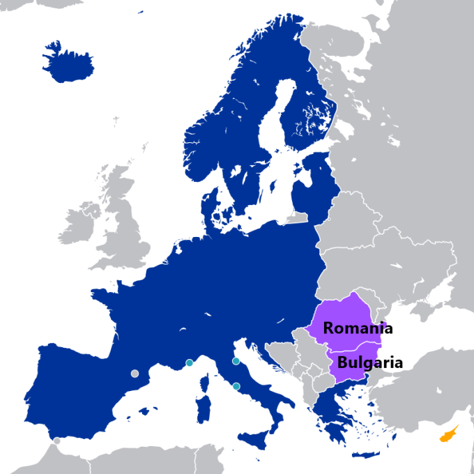 Vị trí Bulgaria và Romania trong khối Schengen. Đồ họa: WEF