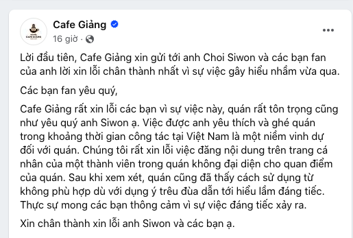 Cafe Giảng xin lỗi sau khi được cho thiếu tôn trọng thành viên nhóm Super Junior - Ảnh 3. Cafe Giảng xin lỗi sau khi được cho thiếu tôn trọng thành viên nhóm Super Junior - Ảnh 3.