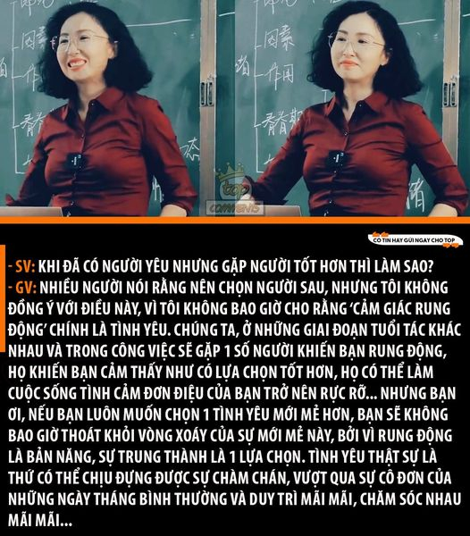 Câu trả lời xuất sắc của cô giáo hút like MXH cho câu hỏi "Khi đã có người yêu hoặc chồng nhưng gặp người tốt hơn thì phải làm sao?”. - Ảnh 1. Câu trả lời xuất sắc của cô giáo hút like MXH cho câu hỏi "Khi đã có người yêu hoặc chồng nhưng gặp người tốt hơn thì phải làm sao?”. - Ảnh 1.